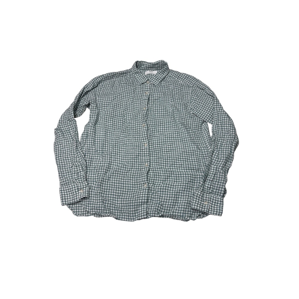 Uniqlo Women Green Gingham 100% Linen Button Down Shirt M 406060